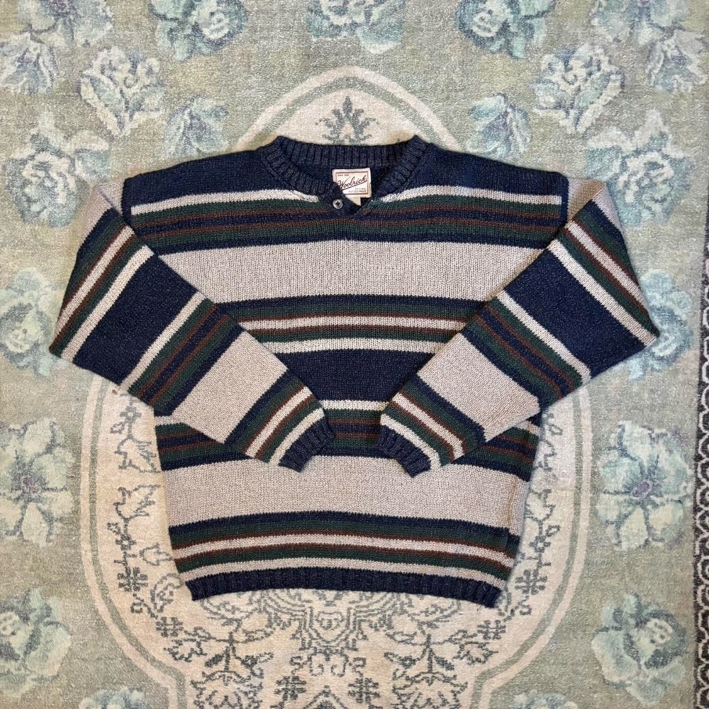 Woolrich Navy, Green, Brown, and Cream Striped Knit Pullover Sweater